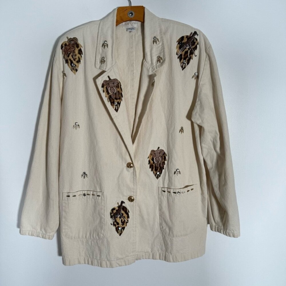 Red Coral Jacket Beige Embroidered Safari Animals Leopard Print Utility M